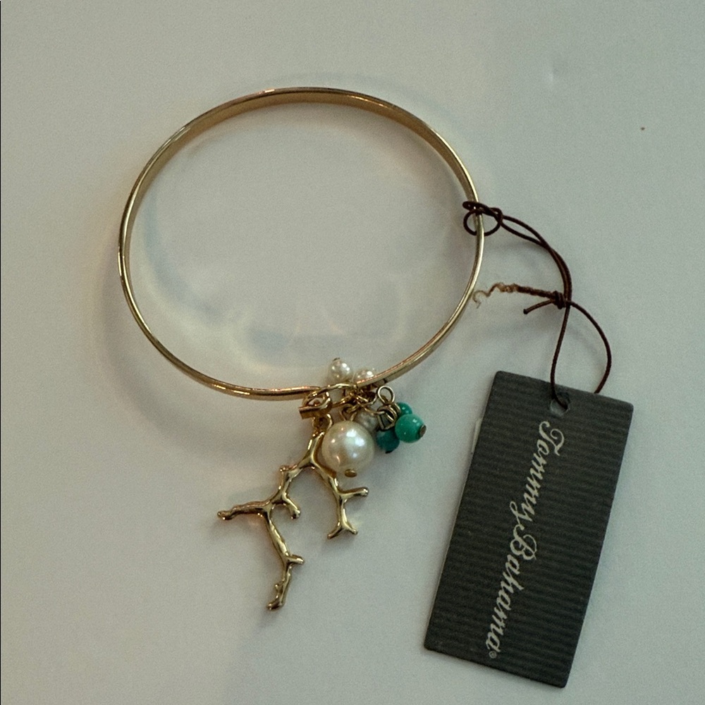 NWT Tommy Bahama Gold Bangle Bracelet with Pearl and Turquoise Charms